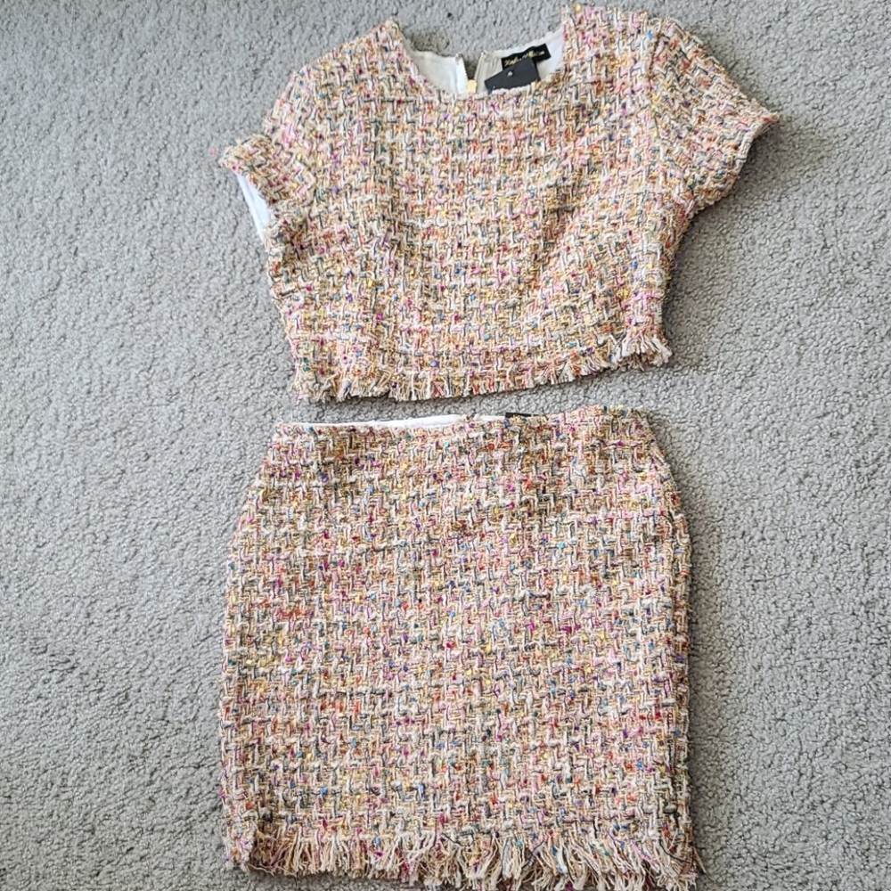 Tweed Fringe top & skirt set